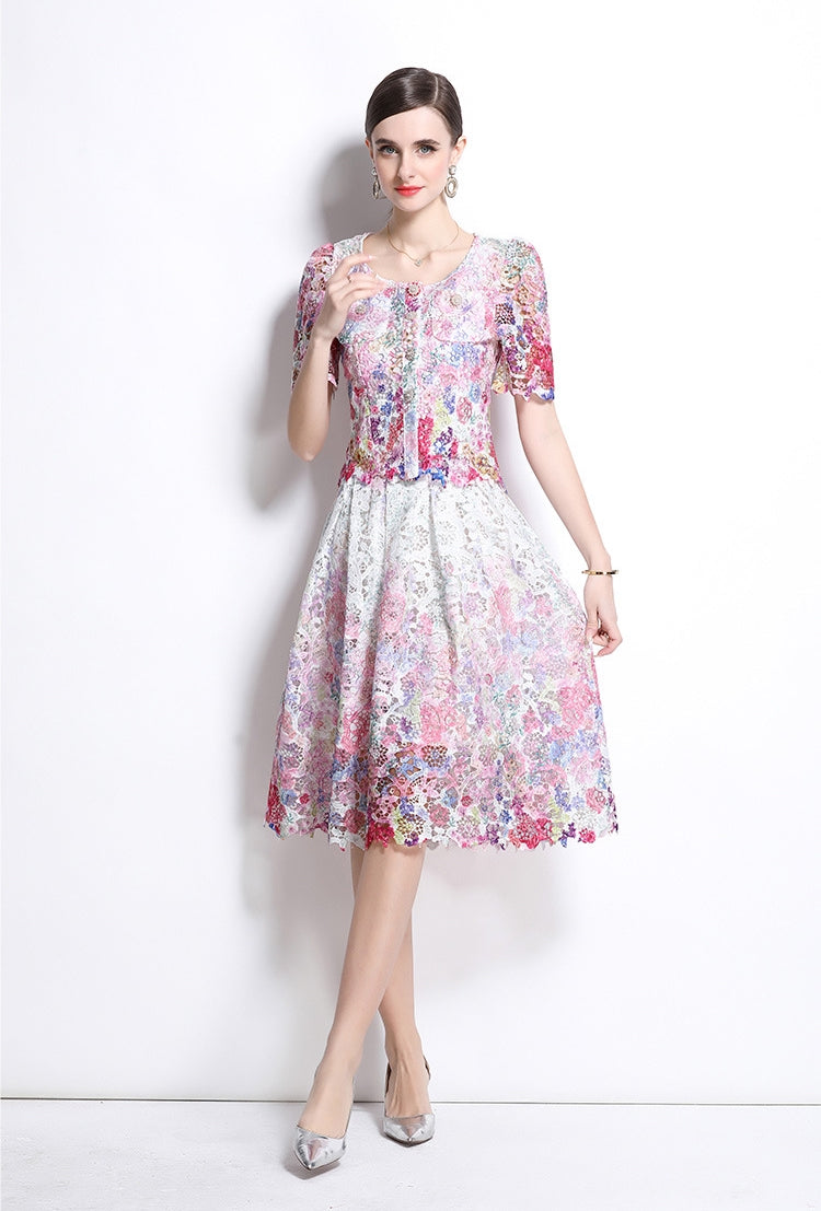Multicolor Floral Lace Midi Two Piece Dress