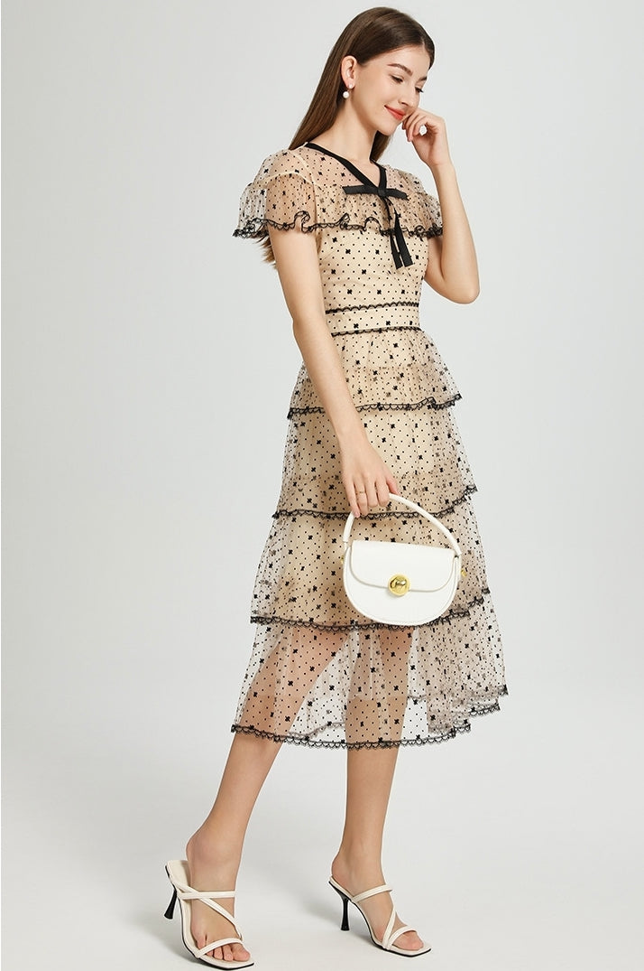 Midnight Dots Sheer Layered Midi Dress - 906831310848_APRICOT