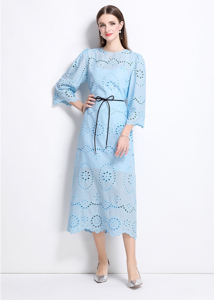 Sky Blossom Eyelet Midi Dress - 902368523846_BLUE
