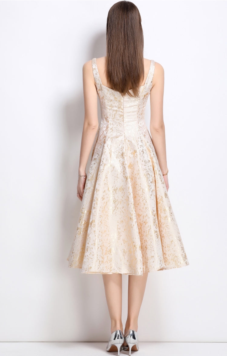 Elegant Gold Jacquard Midi Dress