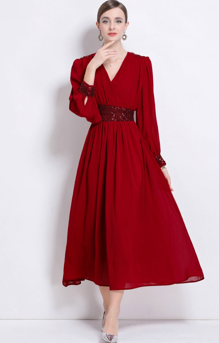 Crimson Elegance Sequin Waist Maxi Dress
