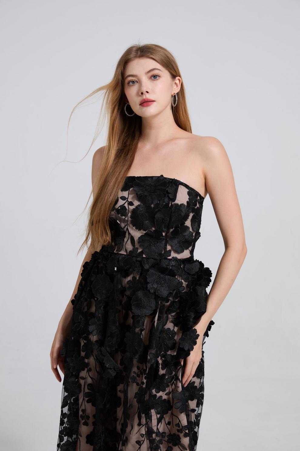 Midnight Bloom Strapless Tulle Dress - 912071976607_BLACK