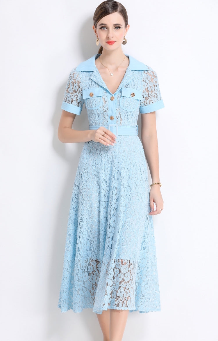 Sky Blue Lace Utility Midi Dress