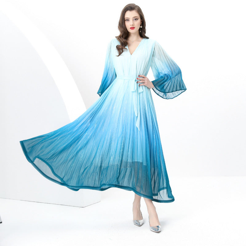 Ocean Blue Ombre Pleated Maxi Dress