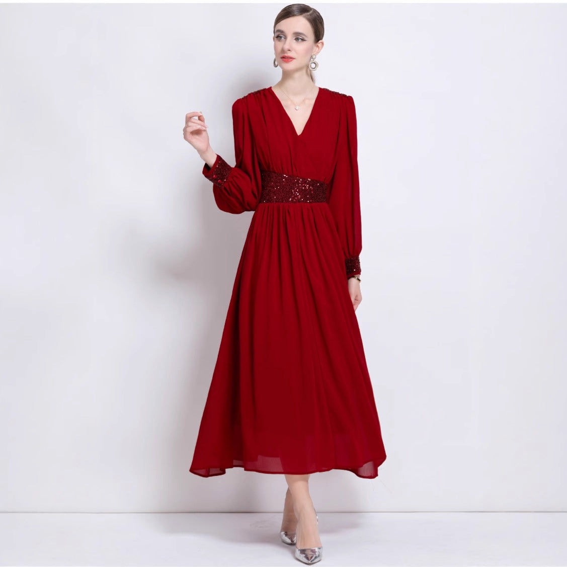 Crimson Elegance Sequin Waist Maxi Dress