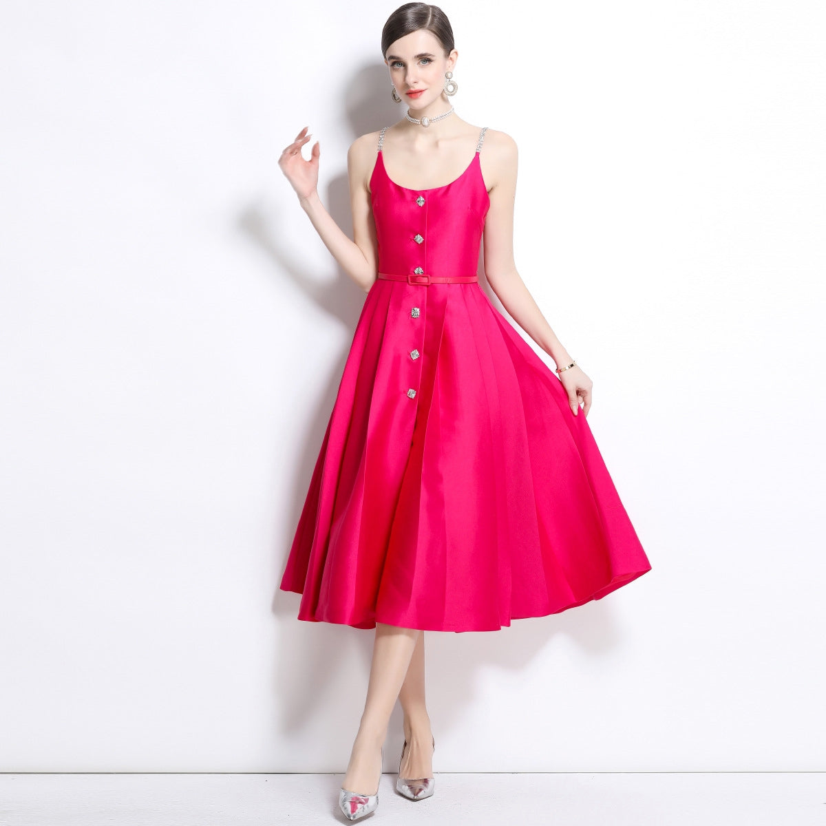 Fuchsia Satin Crystal-Button Midi Dress