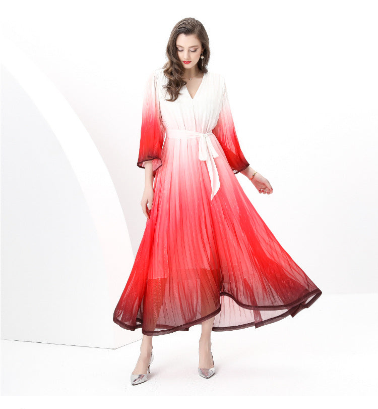 Scarlet Flame Ombre Pleated Maxi Dress