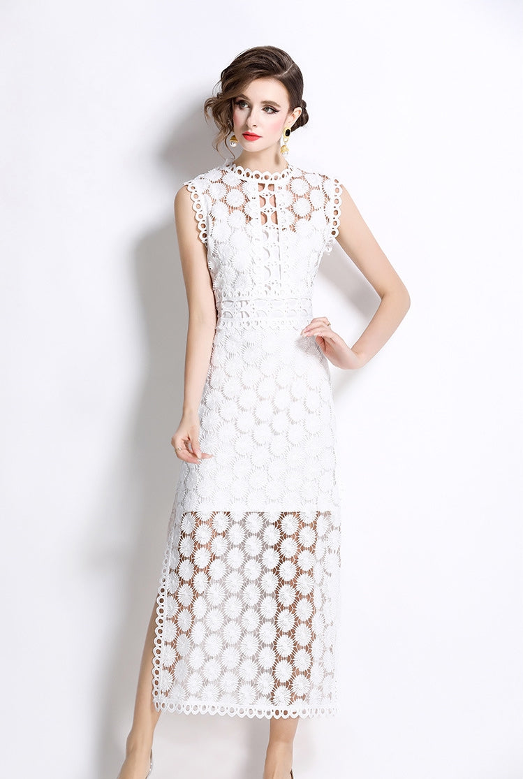 White Hollow-Out Lace Midi Dress