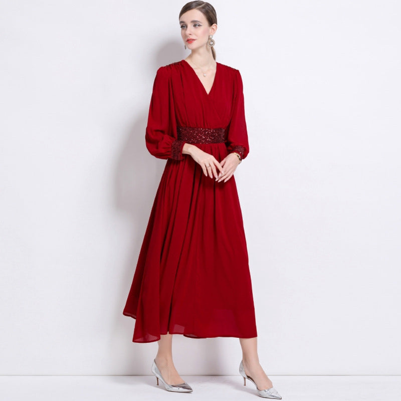 Crimson Elegance Sequin Waist Maxi Dress
