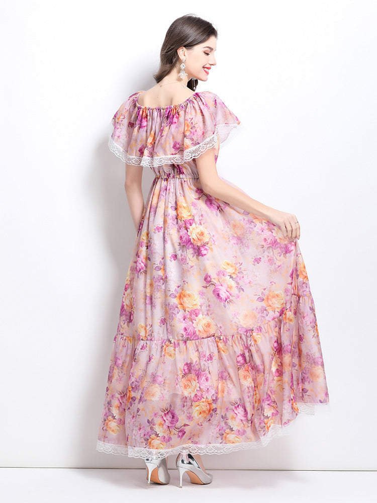 Romantic Floral Lace-Trimmed Maxi Dress