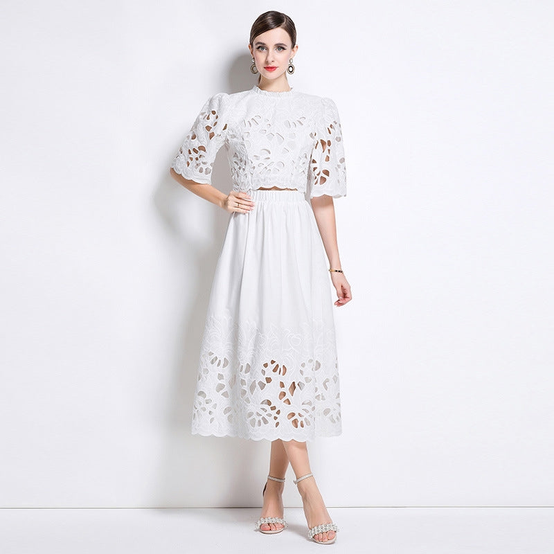 White Embroidered Cutout Two Piece Dress