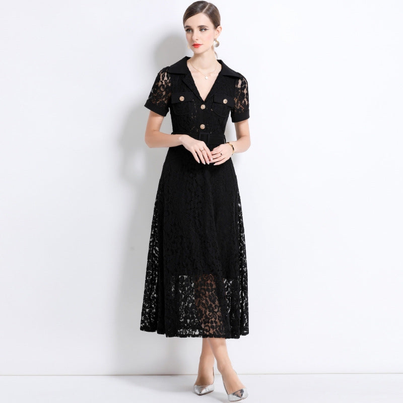 Black Lace Military Midi Dress