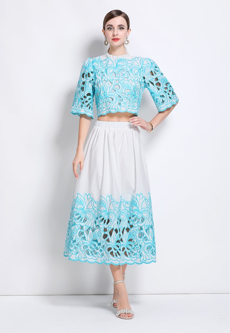 Turquoise Embroidered Lace Two Piece Dress