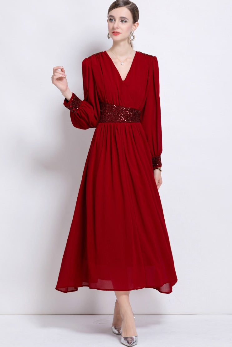 Crimson Elegance Sequin Waist Maxi Dress