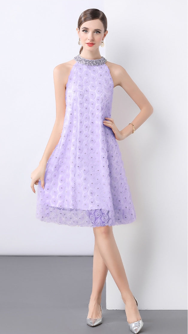 Lavender Bloom Halter Dress with Rosette Lace