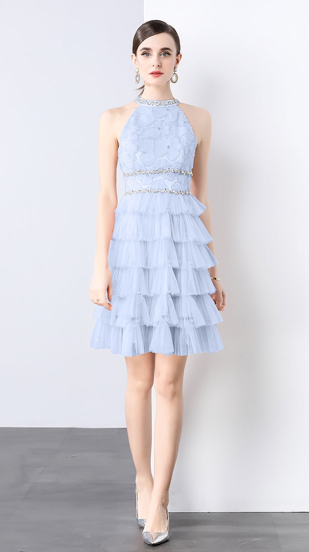 Frosted Blue Tulle Ruffle Cocktail Dress