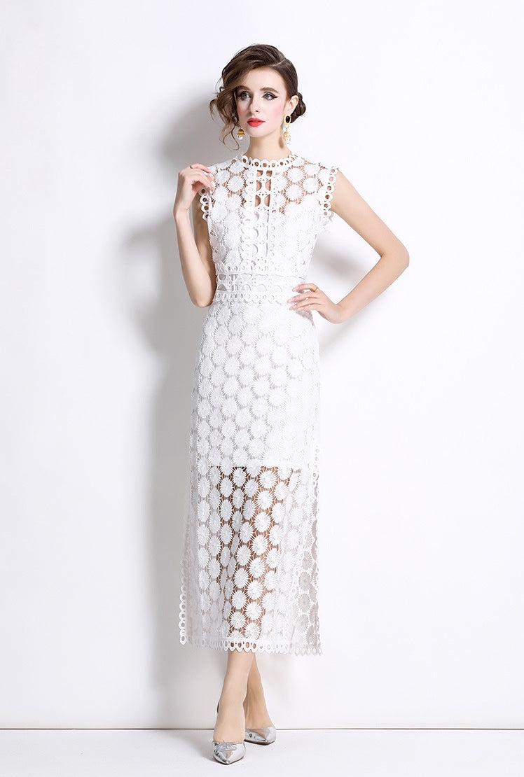 White Hollow-Out Lace Midi Dress