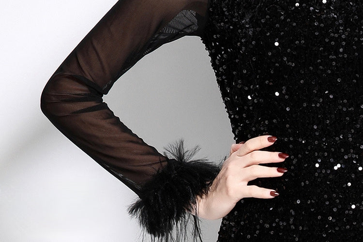 Black Sequin Velvet Dress With Feather Cuffs