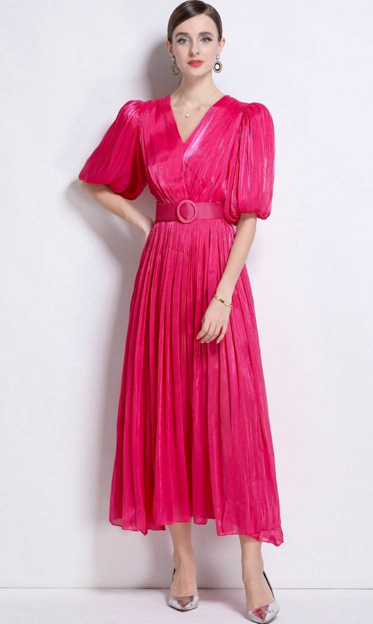 Radiant Rose Pleated Belted Dress - 920551704711_ROSERED