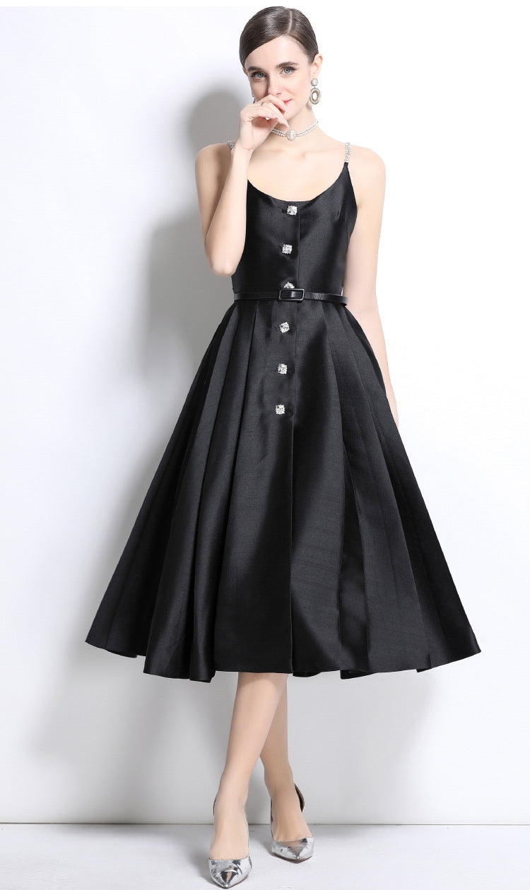 Black Satin Crystal-Button Midi Dress