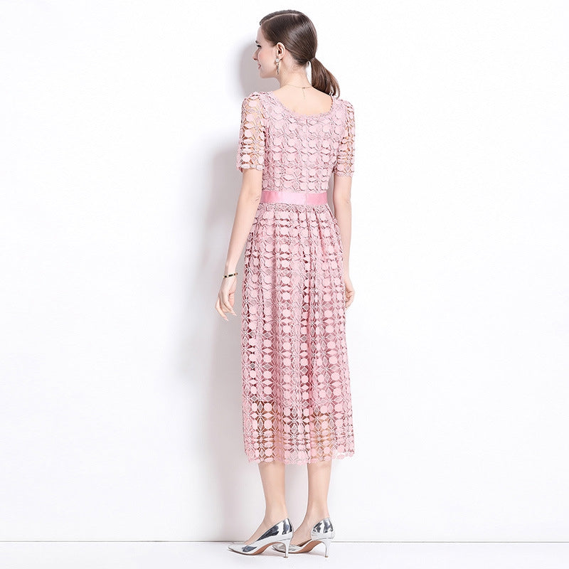 Elegant Pink Lace Midi Dress