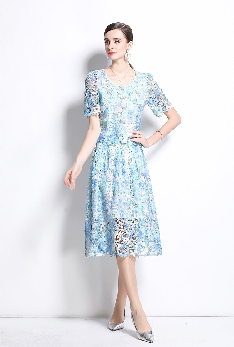 Sky Blue Lace Midi Two Piece Dress