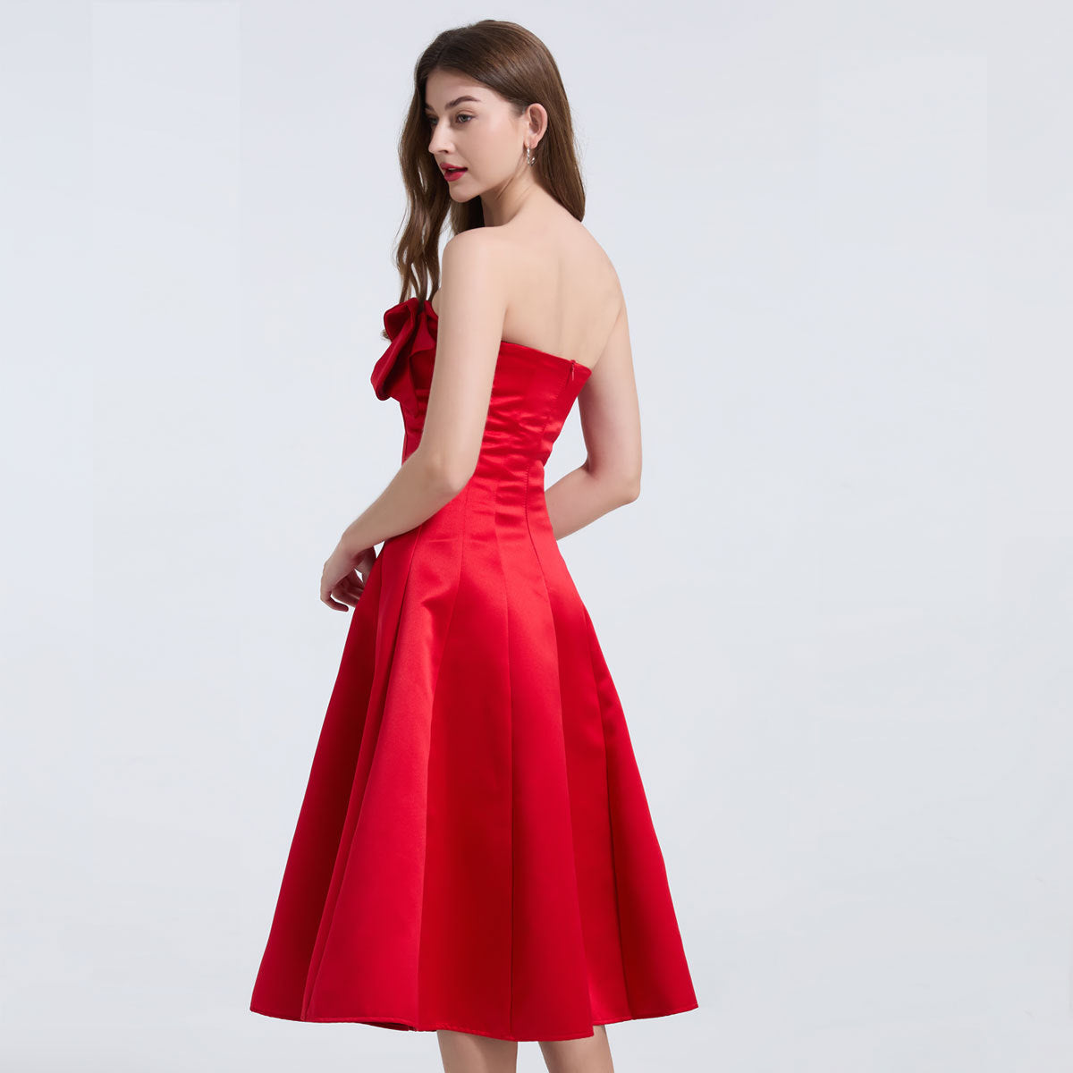 Strapless Bow Detail Satin Midi Dress - Red