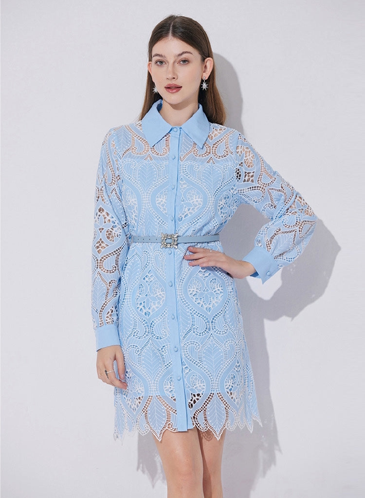Celestial Eyelet Belted Shirt Dress - 901028103574_BLUE