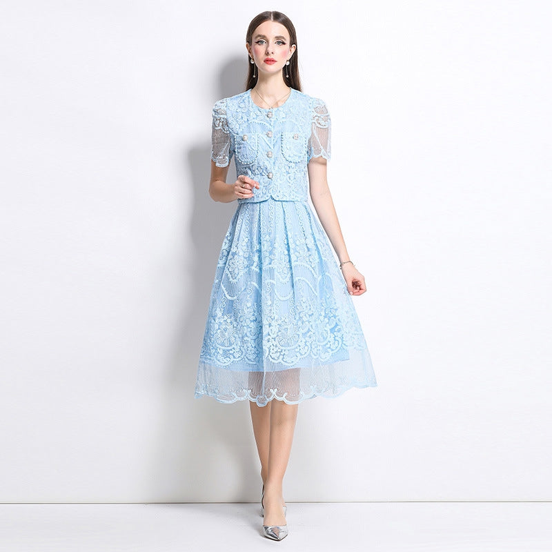 Elegant Lace Vintage Two Piece Midi Dress – Sky Blue