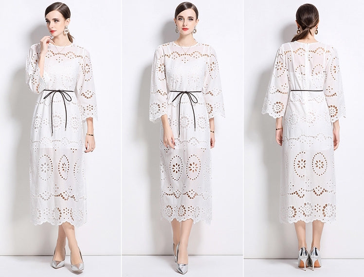 Ivory Petal Eyelet Midi Dress - 902368523846_WHITE