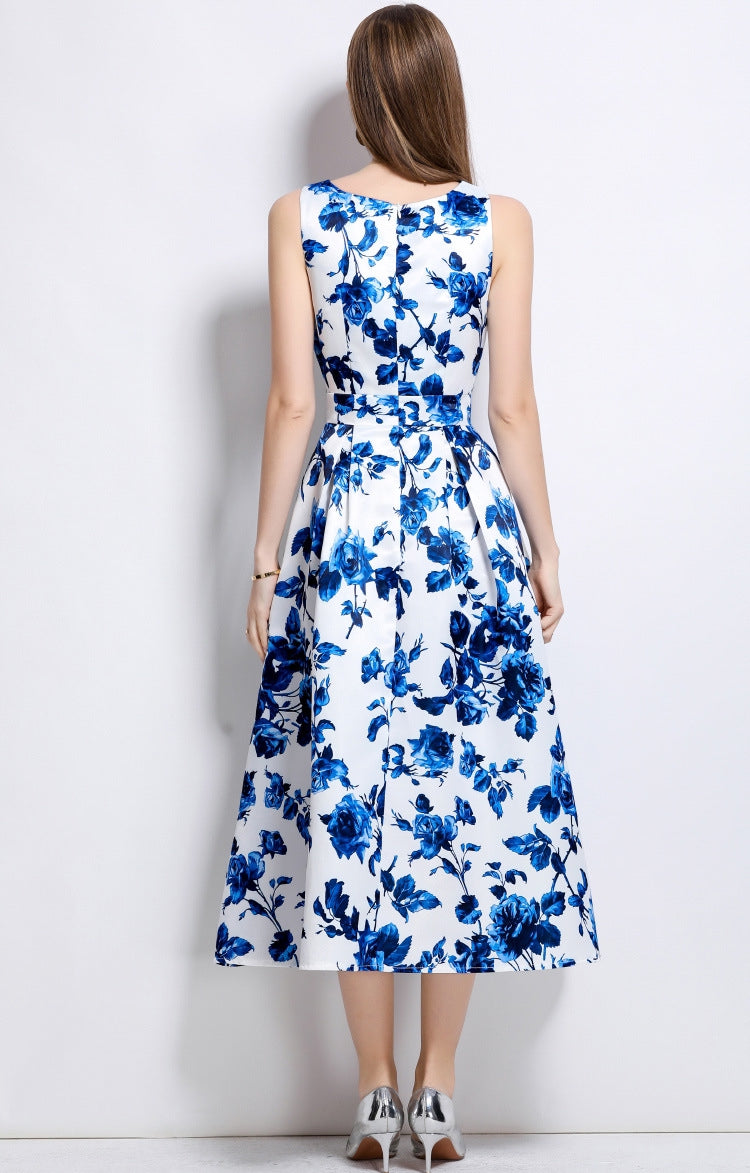 Sapphire Bloom Sleeveless Midi Dress