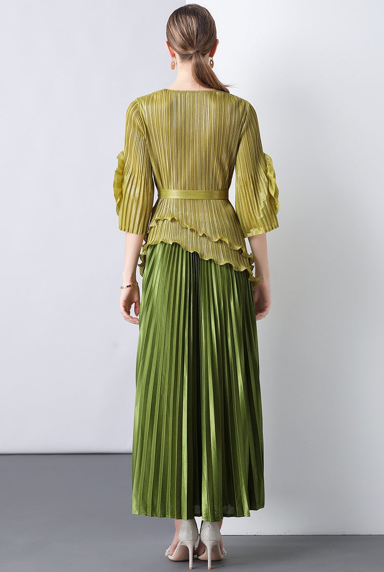 Olive Gold Pleated Peplum Maxi Dress