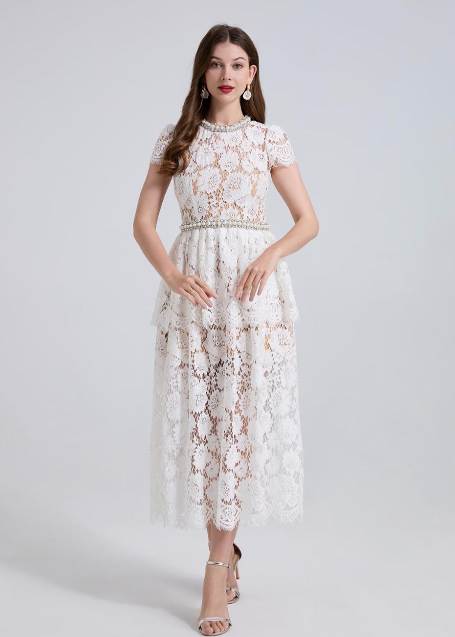 Elegance Pearl Trimmed Lace Midi Dress