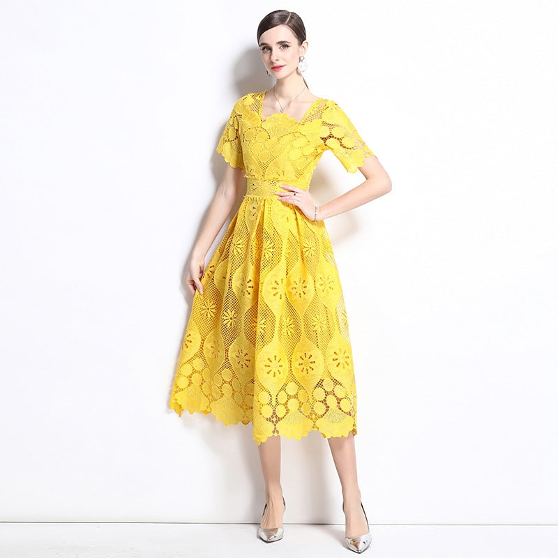 Vibrant Yellow Lace Midi Dress