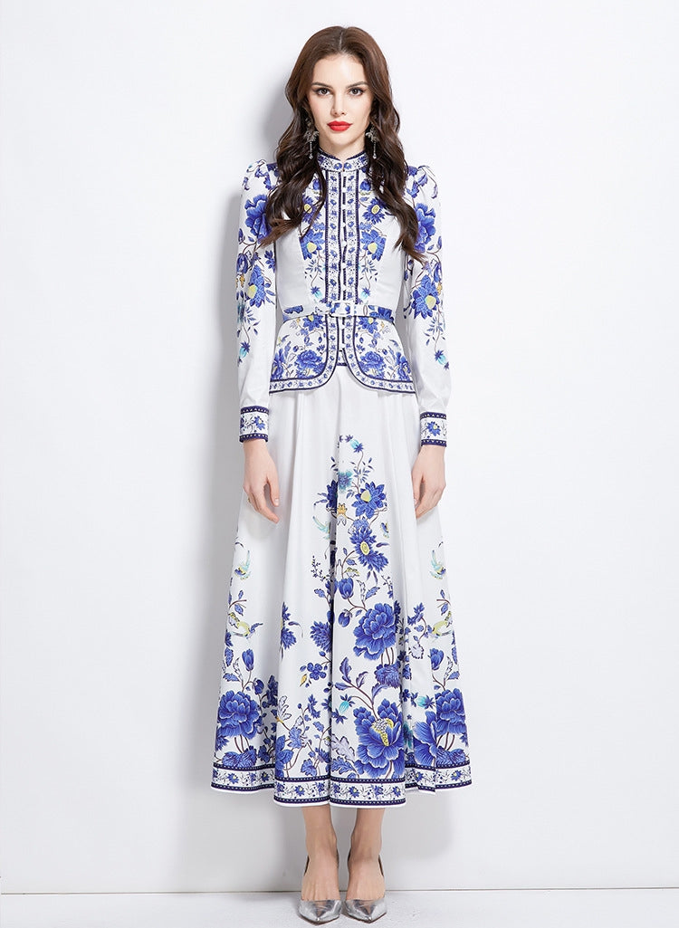 Elegant Blue & White Floral Print Blouse & Maxi Skirt Set