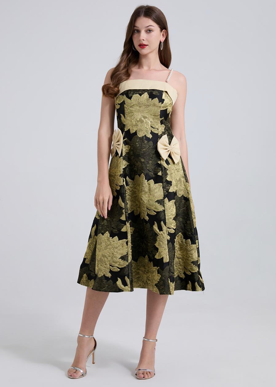 Golden Bloom Jacquard Midi Dress