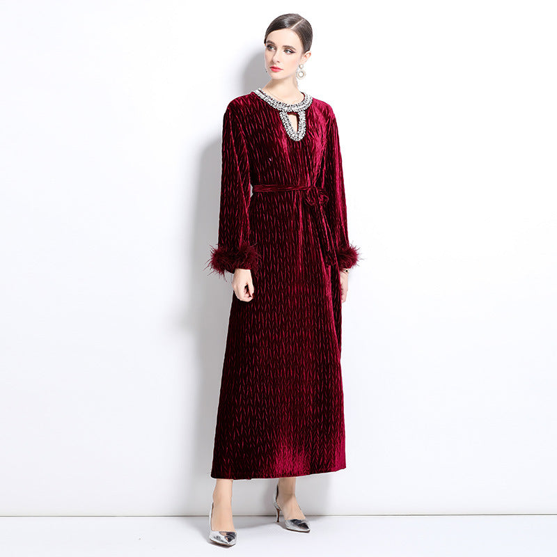 Diamond Embellished Heat Set Self Texture Velvet Dress - 855961209321_CLARET