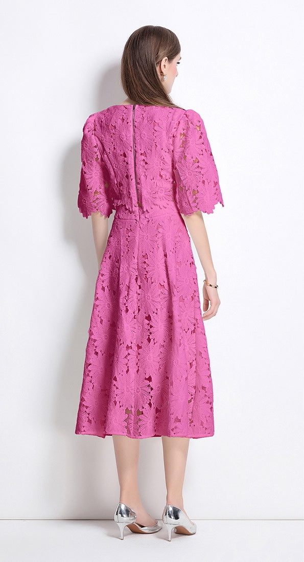 Fuchsia Floral Lace Two-Piece Midi Set - 906455894976_ROSERED