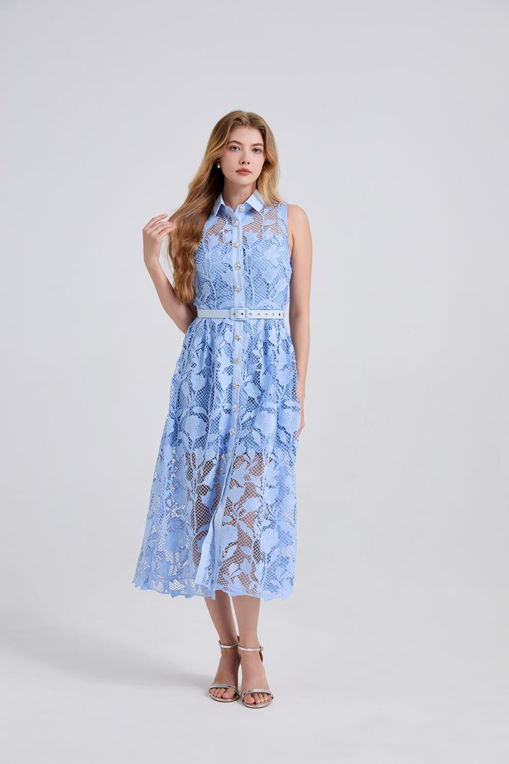 Sky Blossom Sleeveless Lace Midi Dress - 919430221311_BLUE