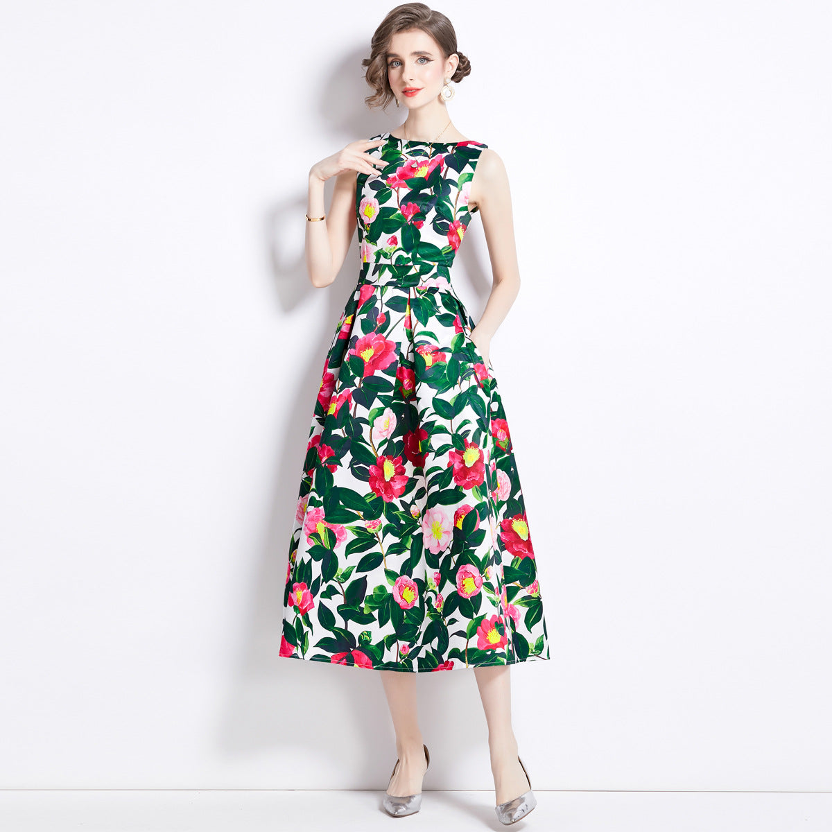 Sleeveless Boat Neck Fitted Vest Box Pleated Skirt Printed Satin Dress - 862#701