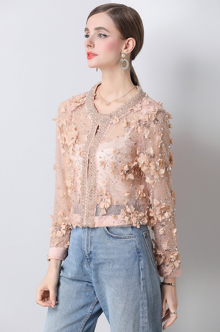 Blush Bloom Embroidered Sheer Jacket - 904547045647_BEIGE