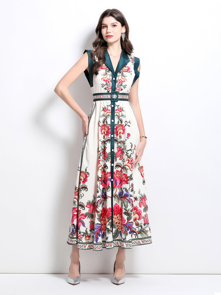 Elegant Floral Print Belted Shirt Dress