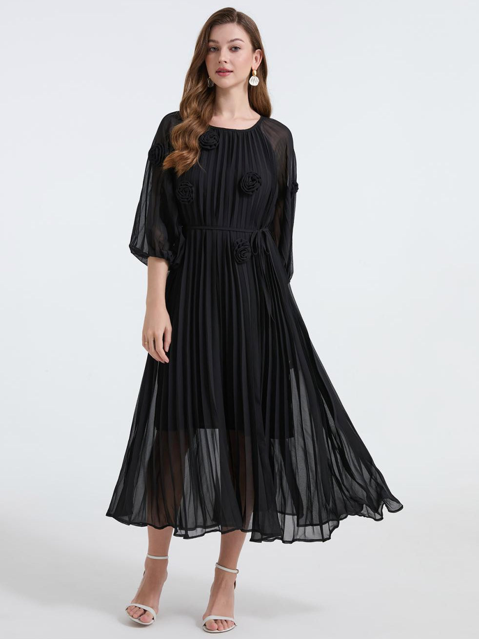 Midnight Bloom Pleated Chiffon Dress - 906472342218_BLACK