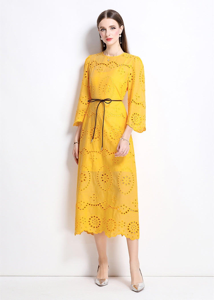 Sunburst Eyelet Belted Midi Dress - 902368523846_TURMERIC