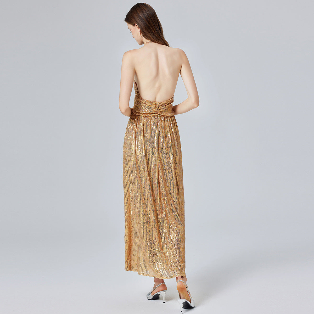 Gold Sequin Halter Maxi Dress