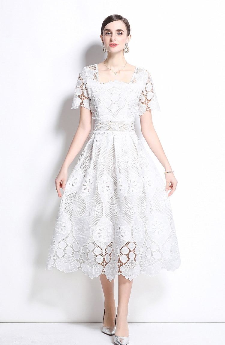 Elegant White Lace Midi Dress
