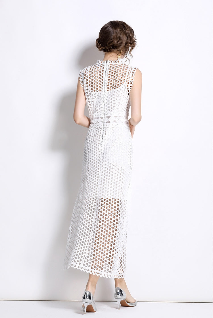 White Hollow-Out Lace Midi Dress