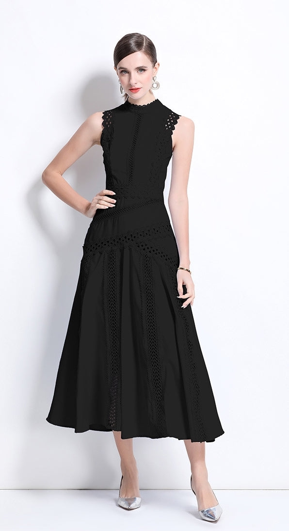 Black Sleeveless Lace Midi Dress