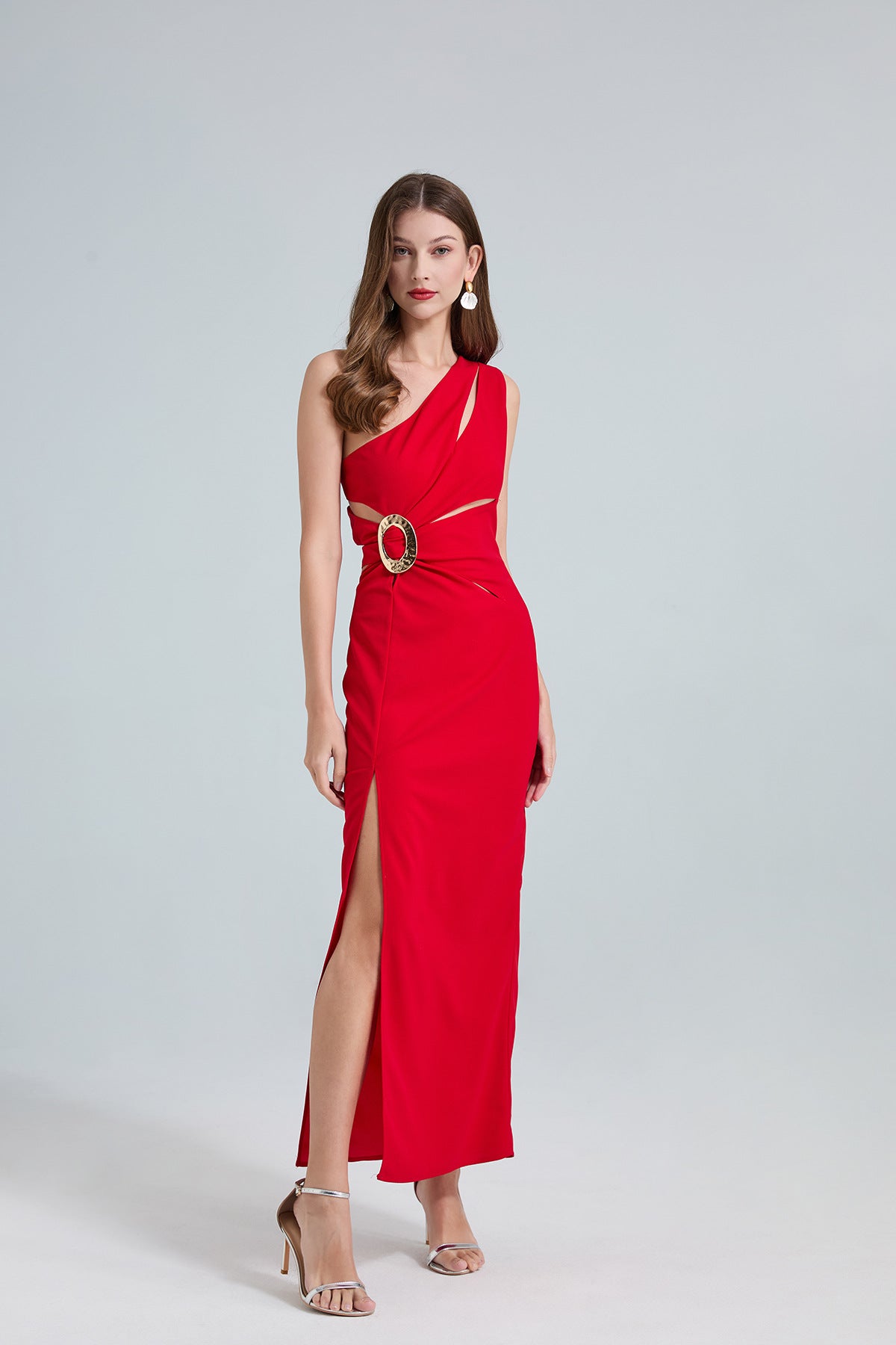 Red One-Shoulder Cutout Gown