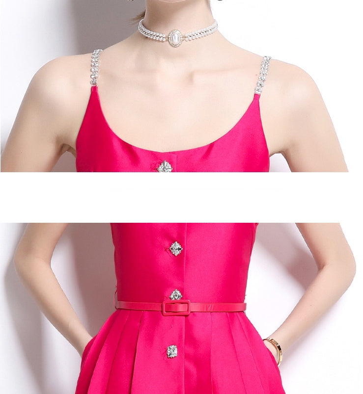 Fuchsia Satin Crystal-Button Midi Dress